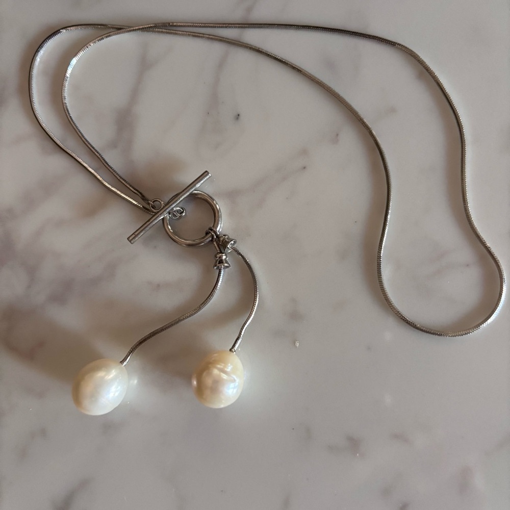 Silver Lariat Necklace with Two Pearls